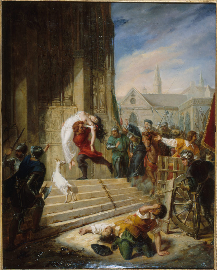 A photo of the painting "Quasimodo saves Esmeralda from the Hands of Her Executioners" by Eugénie Henry. 