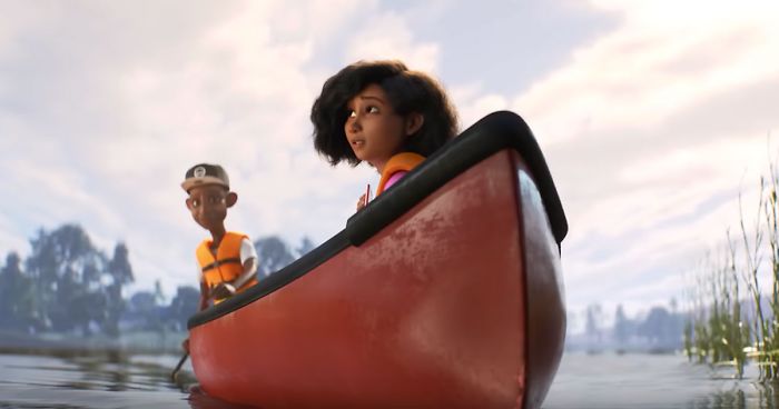 A photo still of the two main characters, Renee and Marcus, in a canoe together in the short film Loop.
