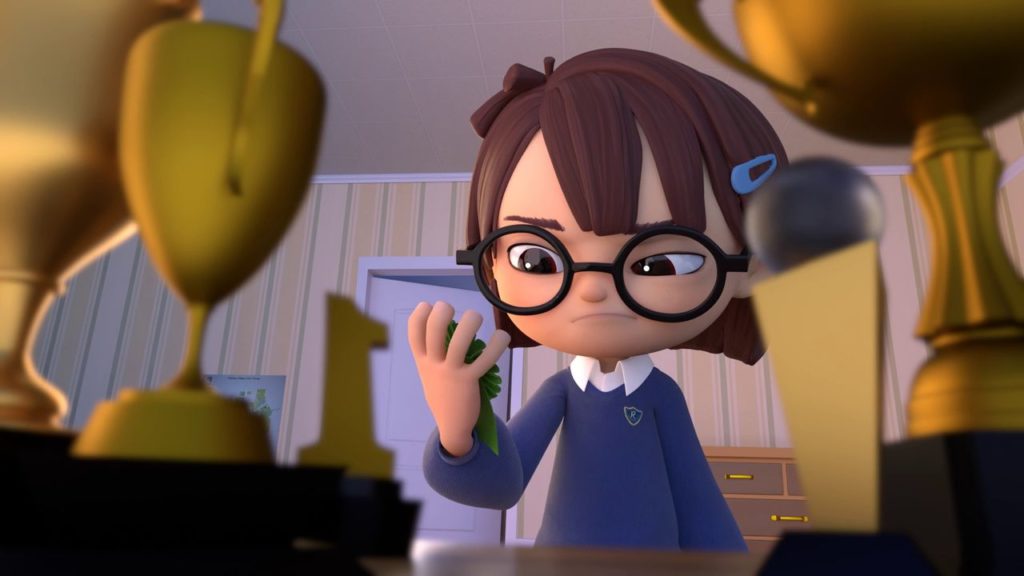 A photo still from the animated short film Spellbound of the main character looking at her participation ribbon, surrounded by her sister's 1st place trophies.