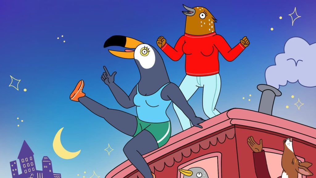 A promotional photo of the animated characters Tuca and Bertie from the titular show.