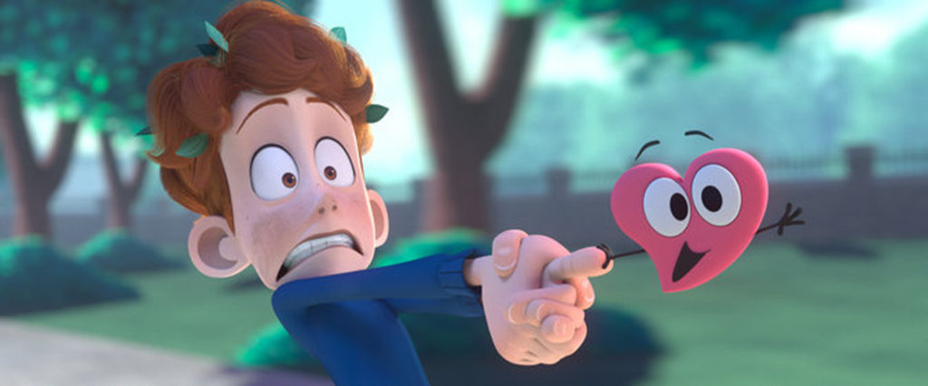An image from a scene in the animated short In a Heartbeat, where the main characters' heart is pulling him towards his crush.