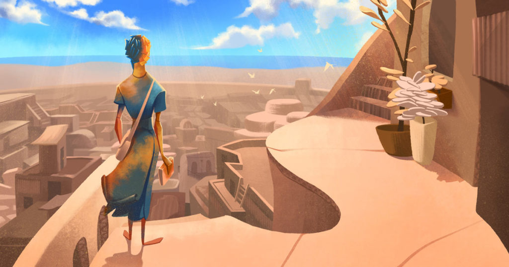 A photo still from the animated short Paper City of the main character looking out over a city from a high vantage point.