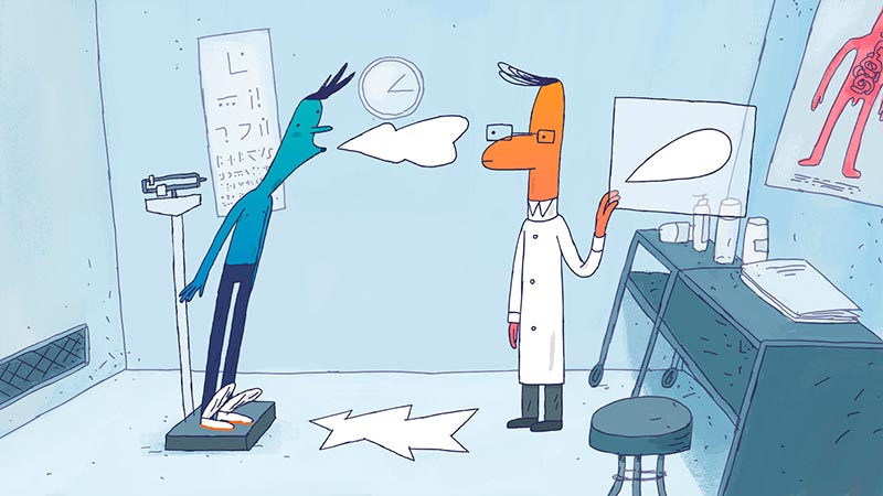 A photo still from the animated film Paper or Plastic by Nata Metlukh of the main character being examined by a doctor.