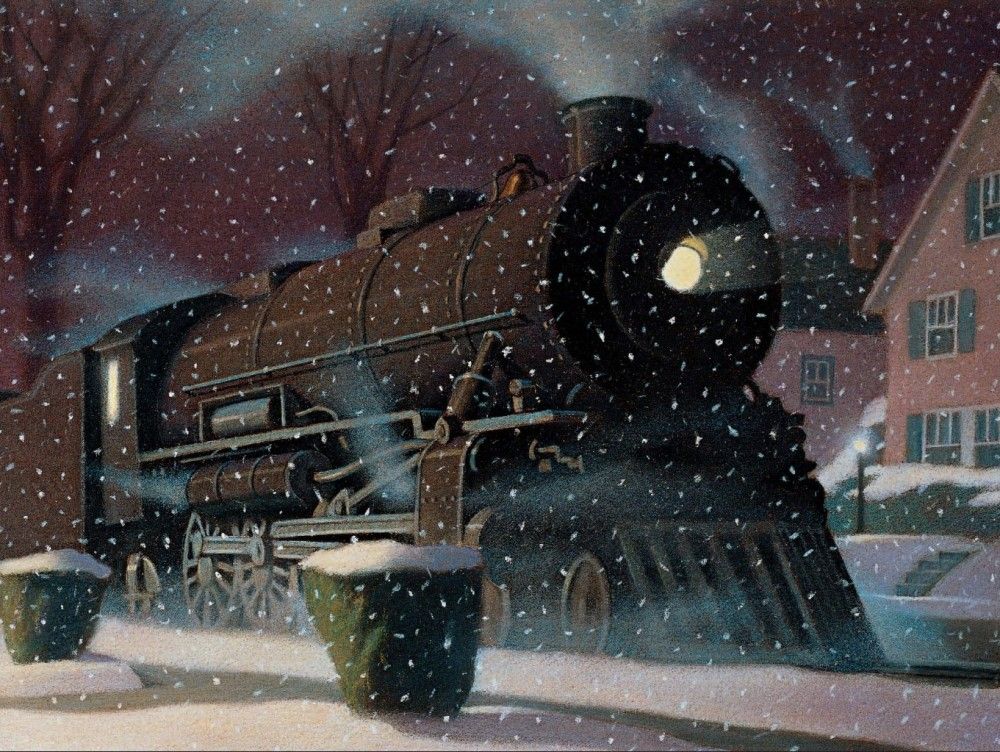 An image of a train engine from the front cover of the book The Polar Express.