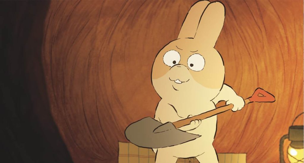 A photo still from the animated short Burrow, of the main character, a rabbit, holding a shovel.