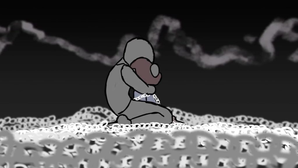 An image from the animated short film Overcomer by Hannah Spangler, wherein the main character hugs her inner self.