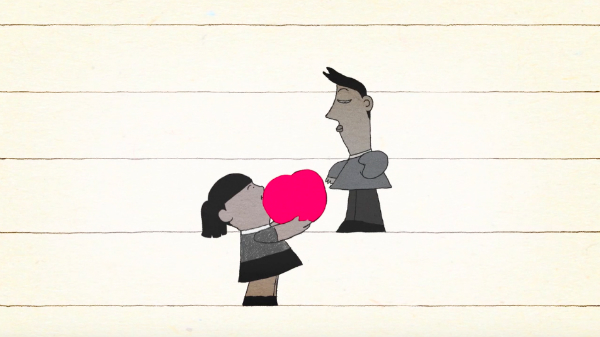 An animated image still from the short film I Think I Love You showing one character holding up her heart to another character.
