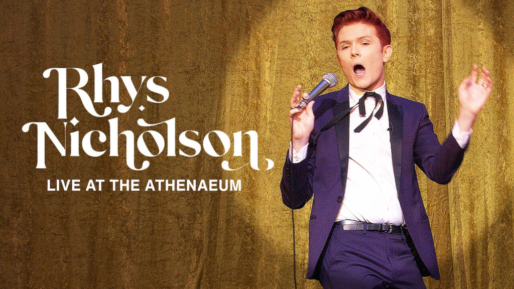 A promotional photo of comedian Rhys Nicholson for his stand up special Live at the Atheneaum.