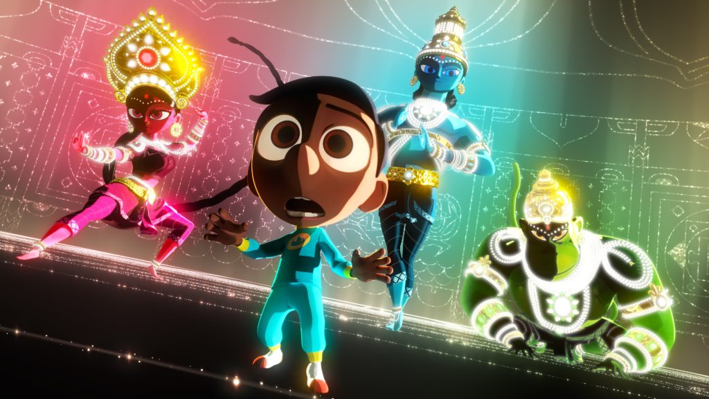 An image from the animated short film Sanjay's Super Team. The image shows main character Sanjay, and representations of the Hindu deities Vishnu, Durga, and Hanuman.