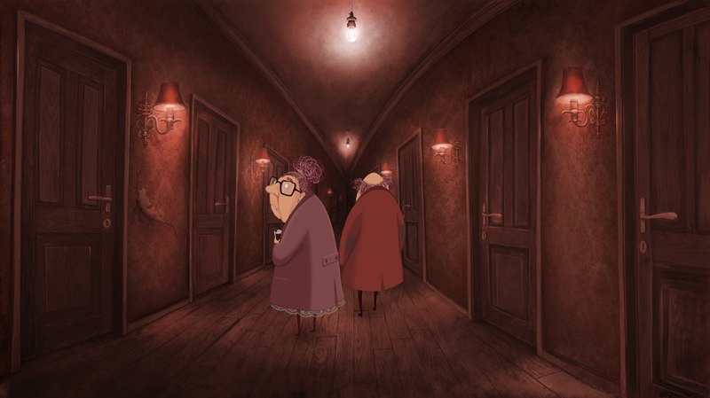 A photo still from the animated short film Lost Property, wherein the two main characters are walking down a hallway together.