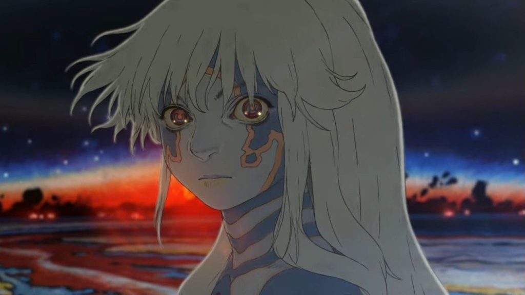 An image from the animated short film Puparia by Shingo Tamagawa of a blue skinned, white haired being looking into the camera.