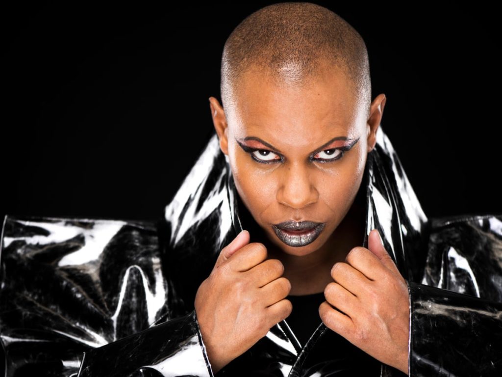 A promotional photo of leader singer Skin from Skunk Anansie looking intently straight into the camera.