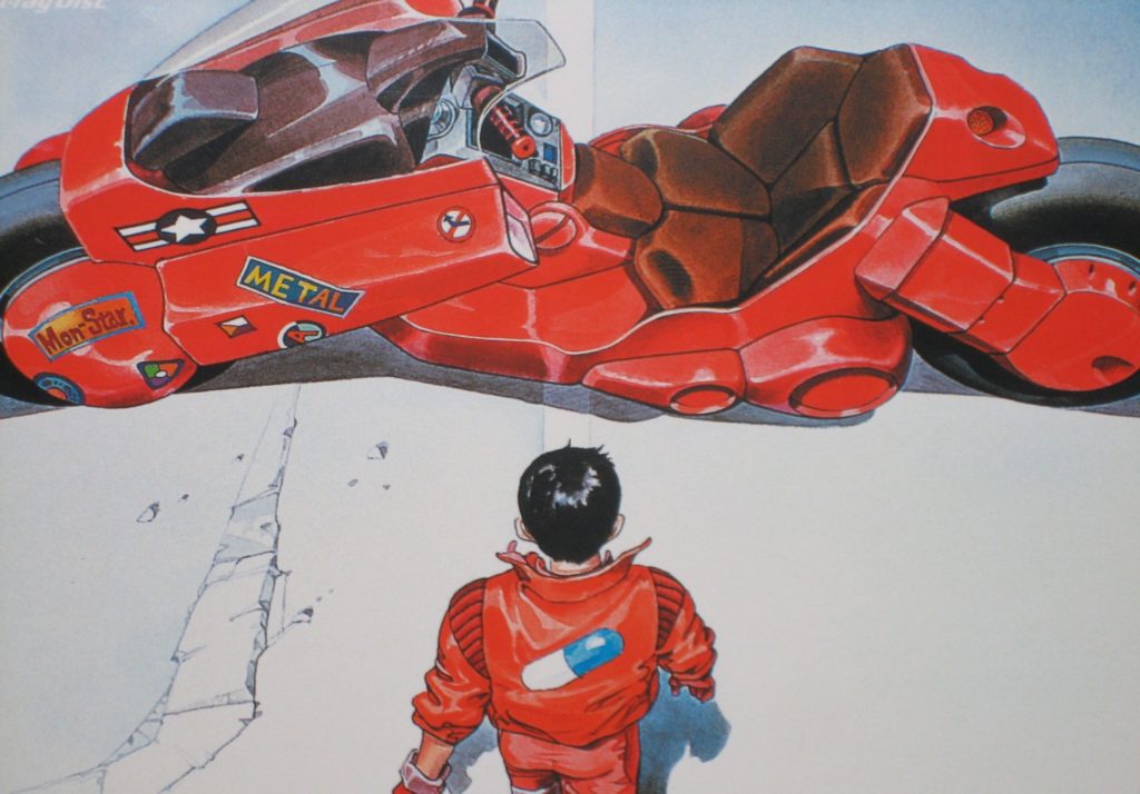 A promotional images from the film Akira, of lead character Kaneda facing his red motorcycle.