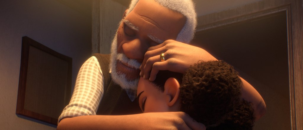 An animated still from the short film Canvas, showing the grandfather giving his granddaughter a hug.