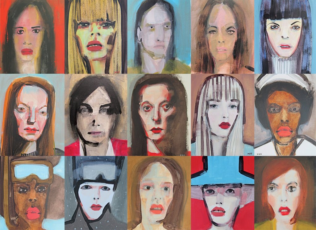 A collage of 15 painted portraits by artist Jean Smith. All portraits are of women.