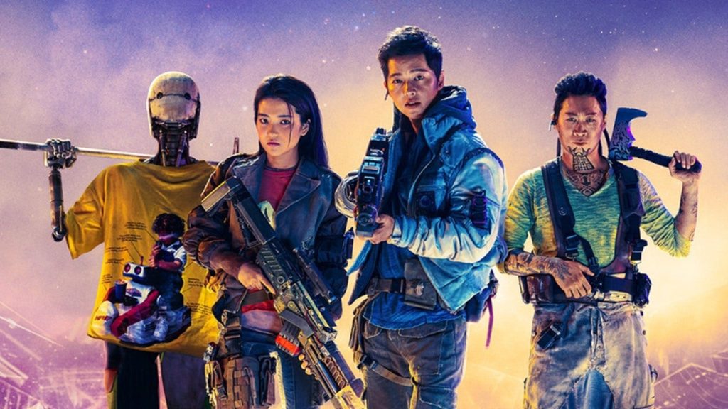 A promotional photo of the four main characters of the film Space Sweepers staring straight into the camera holding various weapons.