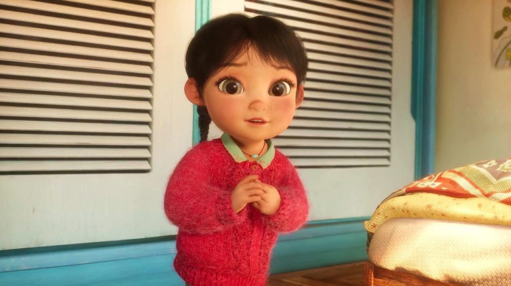 An animated still from the short film WiNDUP, showing the young daughter in a red sweater, staring excitedly just off camera.