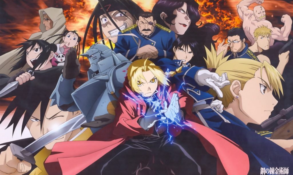 A promotional poster for the television show Fullmetal Alchemist: Brotherhood, featuring images of the large cast of characters.