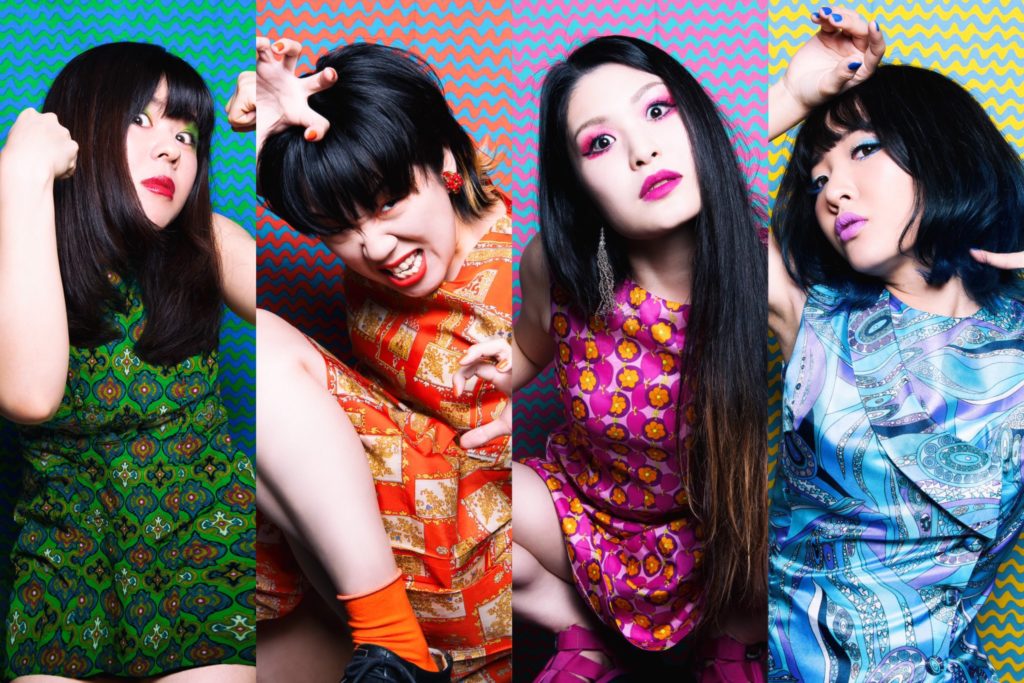 Four side by side close up portraits of the four members of Otoboke Beaver.