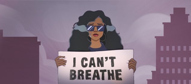 An illustration of singer H.E.R. holding a sign that says I Can't Breathe.