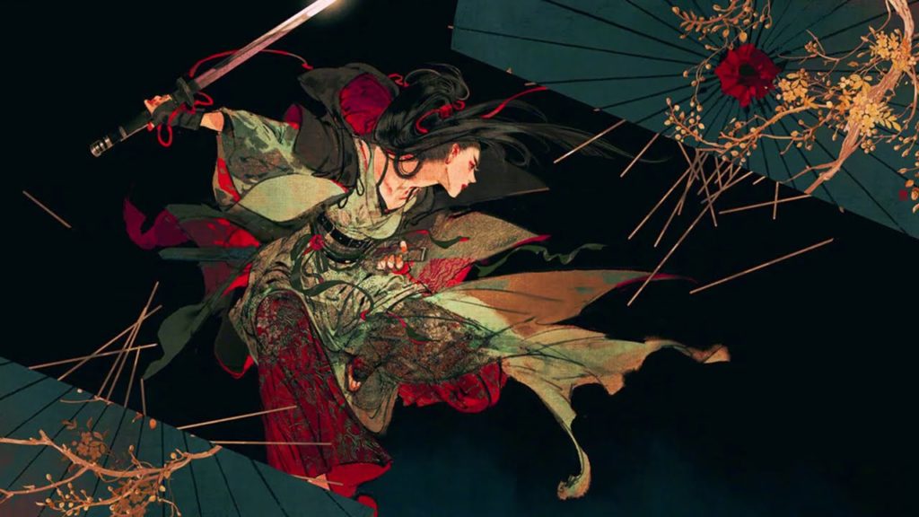 A graphic image of a woman holding a sword, jumping in the air.