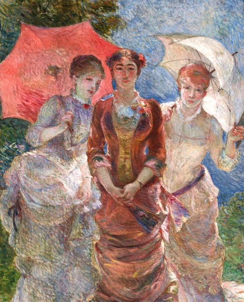 An image of the painting Trois femmes aux ombrelles by Marie Bracquemond. The painting is three women, two holding umbrellas, looking straight head at the viewer.