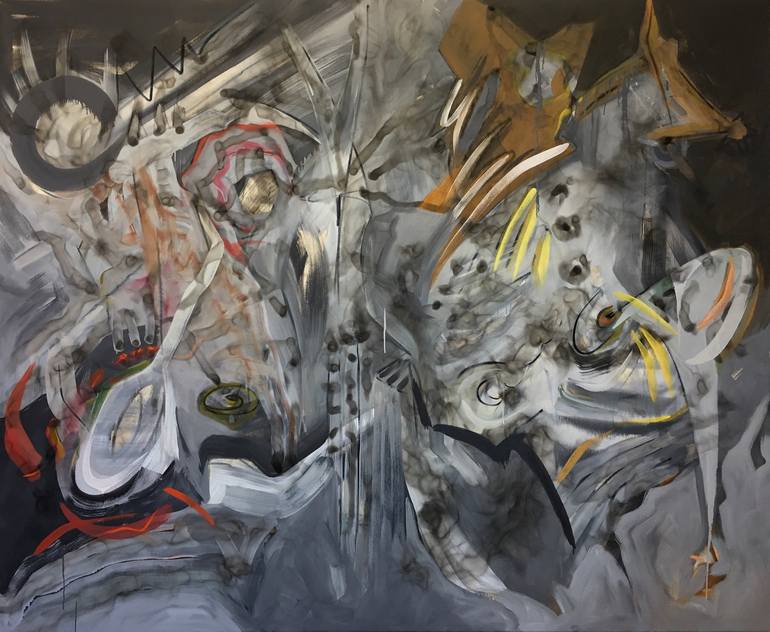 The image shows a painting by Antonio Muñiz. It is abstract art, mostly in greys, blacks, and browns, with streaks of red and yellow interspersed throughout.