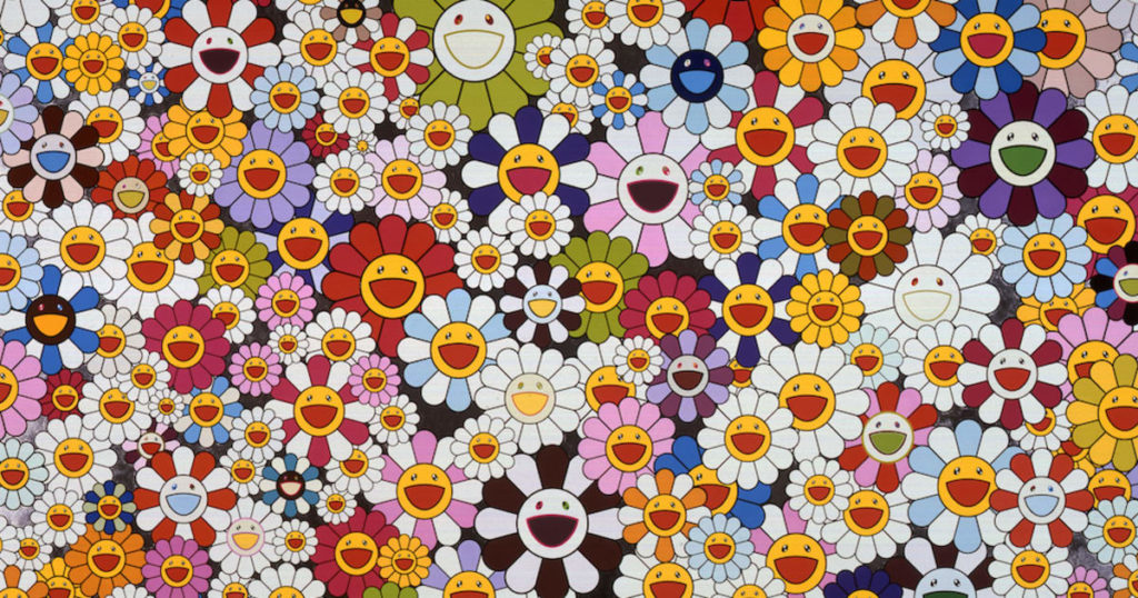 An image of Flowers by Takashi Murakami. The image contains dozens of vibrantly coloured flower designs with big smiles and happy faces in the centre.