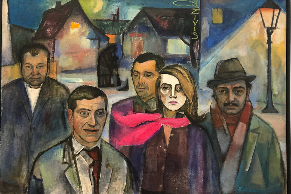 An image of the painting Group Portrait by Biruta Baumane. Five people, four men and one woman, are standing in a street at night, looking directly at the viewer.