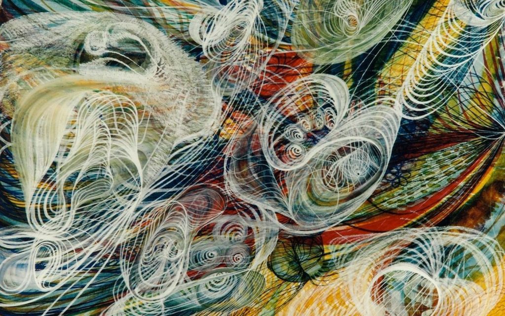 An image of an abstract painting by Georgiana Houghton. It depicts various cylindrical lines and patterns in a variety of vibrant colours.