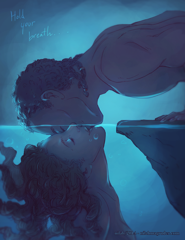 An illustrated image by Nilah Magruder. It depicts two people kissing. One is above land the other is below the water, and their lips meet just below the surface. The background is predominantly blue.