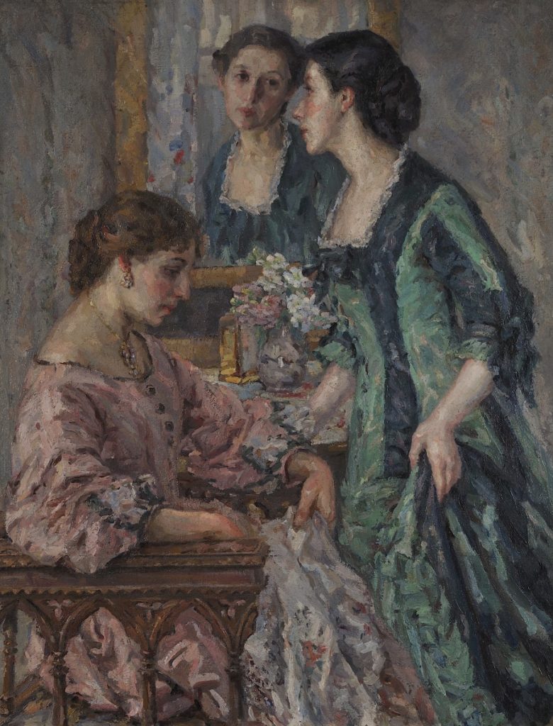 An image of a painting by Elena Karamihailova. The painting shows two women dressed in Victorian dress. One is sitting in a pink dress. The other is standing and looking at herself in a mirror in a blue and green dress.