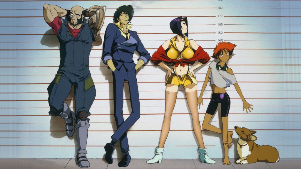 A promotional image of the main characters from Cowboy Bebop. They are standing in a lineup, all in various poses that show just how much they don't care about the fact that they are in a line up.