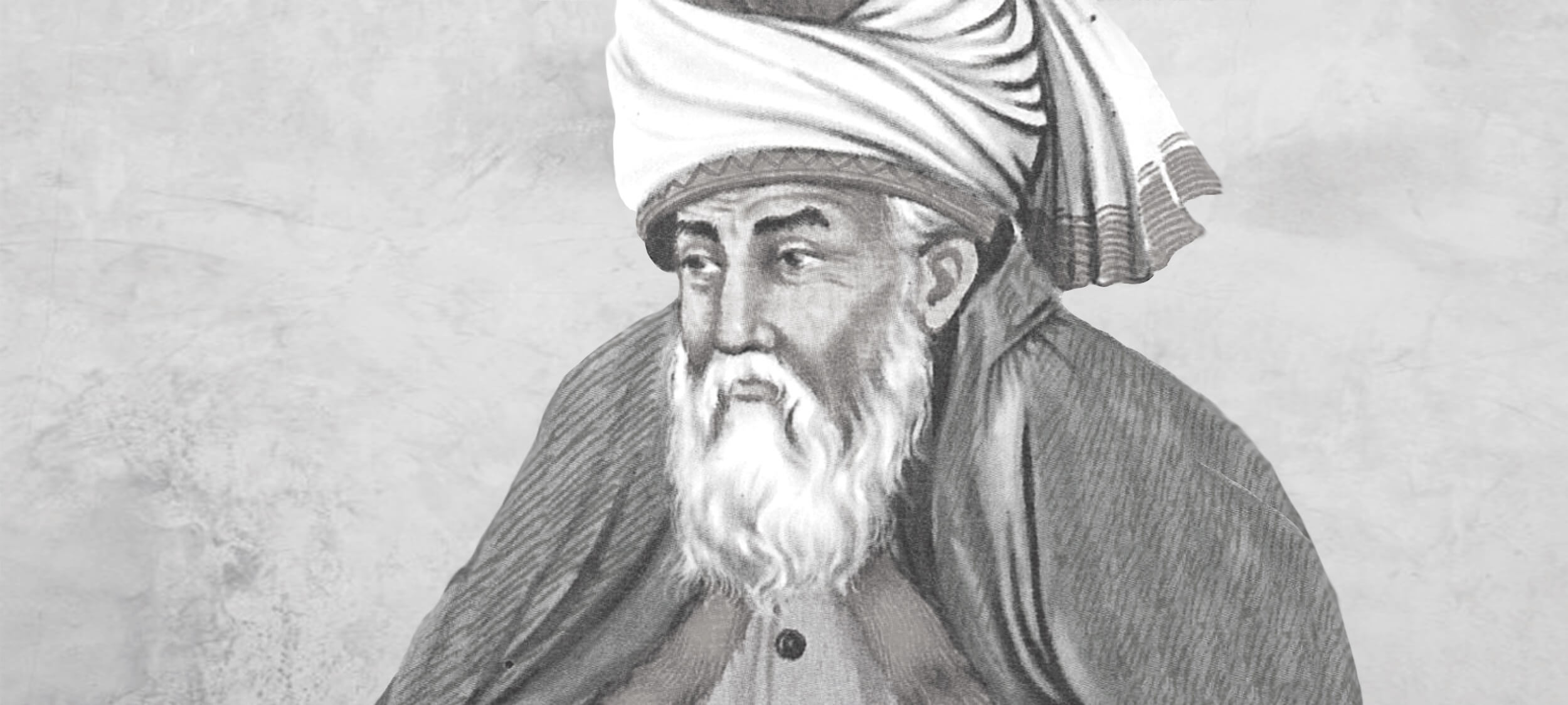 A black and white image of Rumi