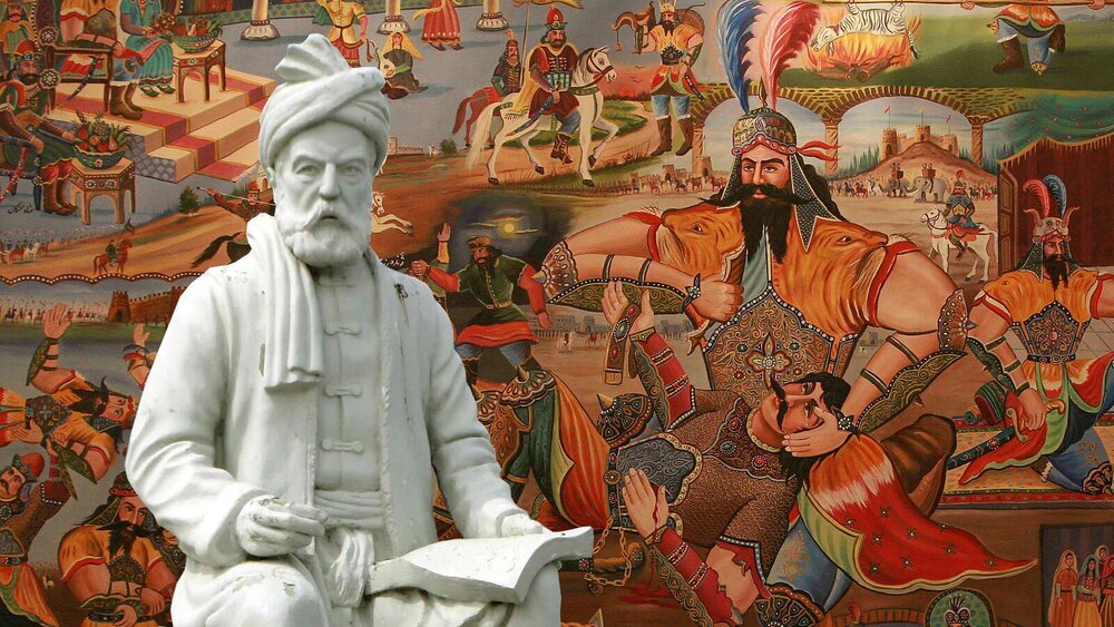 An image of a statue of Ferdowsi. In the background is an illustration of the Shahnameh.