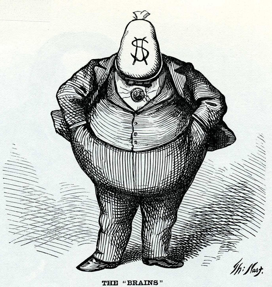 An image of "Boss" Tweed with a bag of money for a head. It is a famous cartoon by Thomas Nast in the history of cartoons