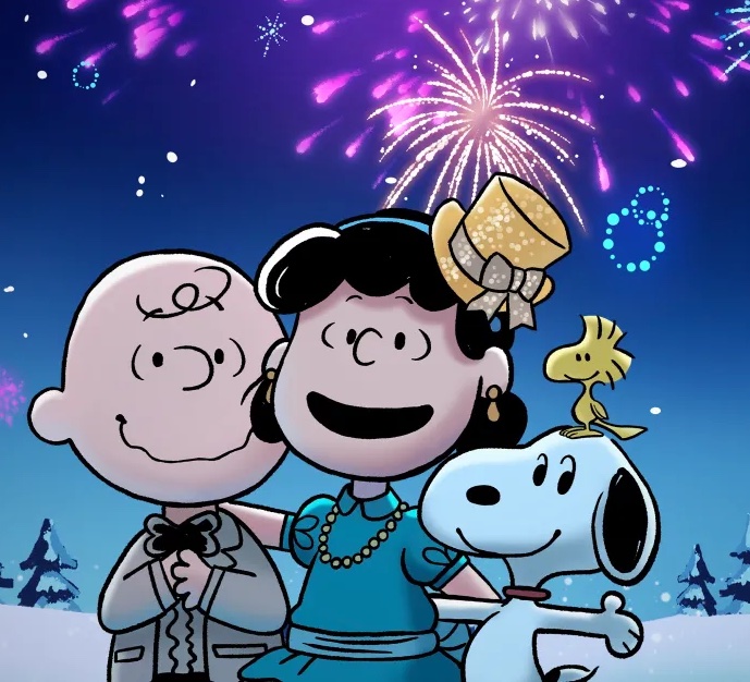An image of Charlie Brown, Lucy, and Snoopy from the Happy New Year animated special