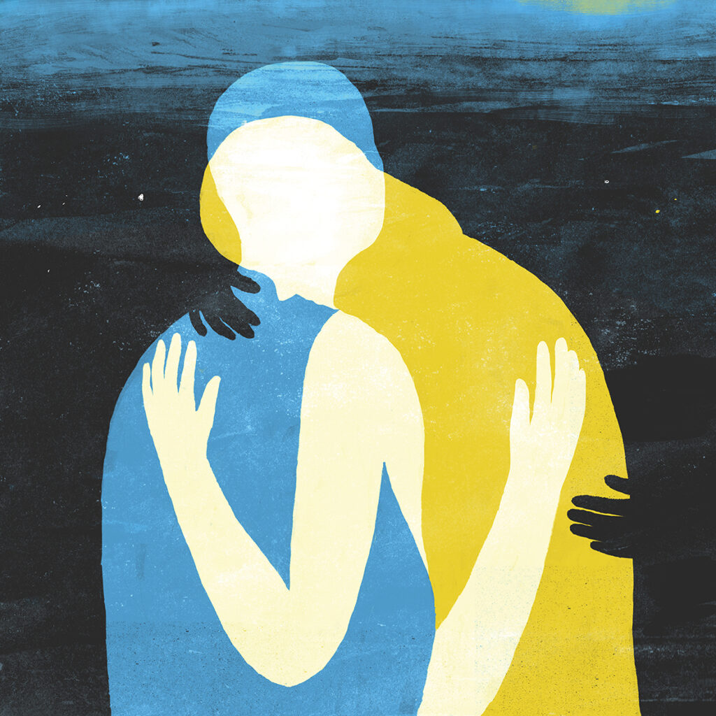 An image of Ukrainian art. Two figures, one in blue one in yellow, embrace each other in a hug.