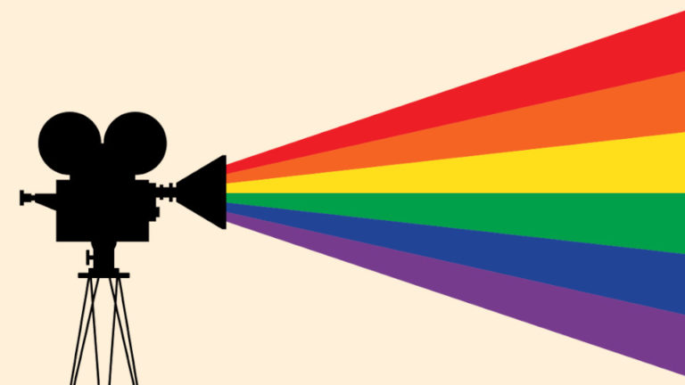 A graphic of a film camera with a rainbow flag as its beam of light.