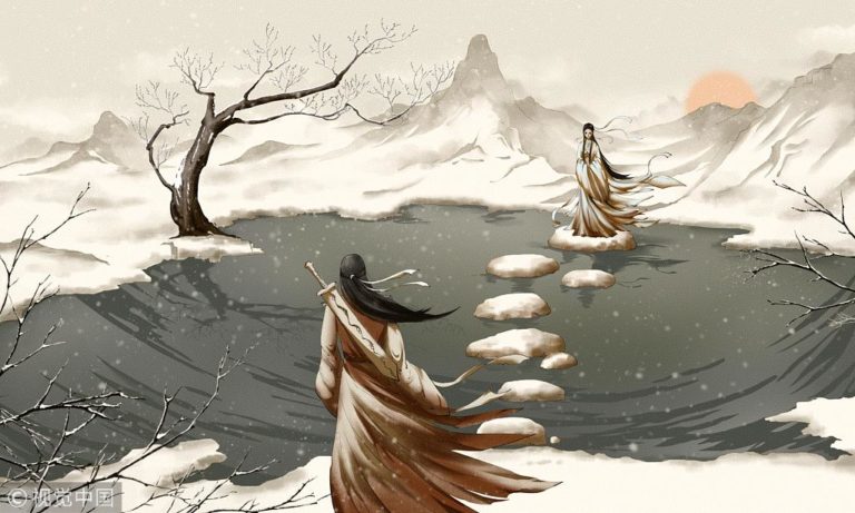 An illustration of two wuxia characters looking at each other from across an icy lake.