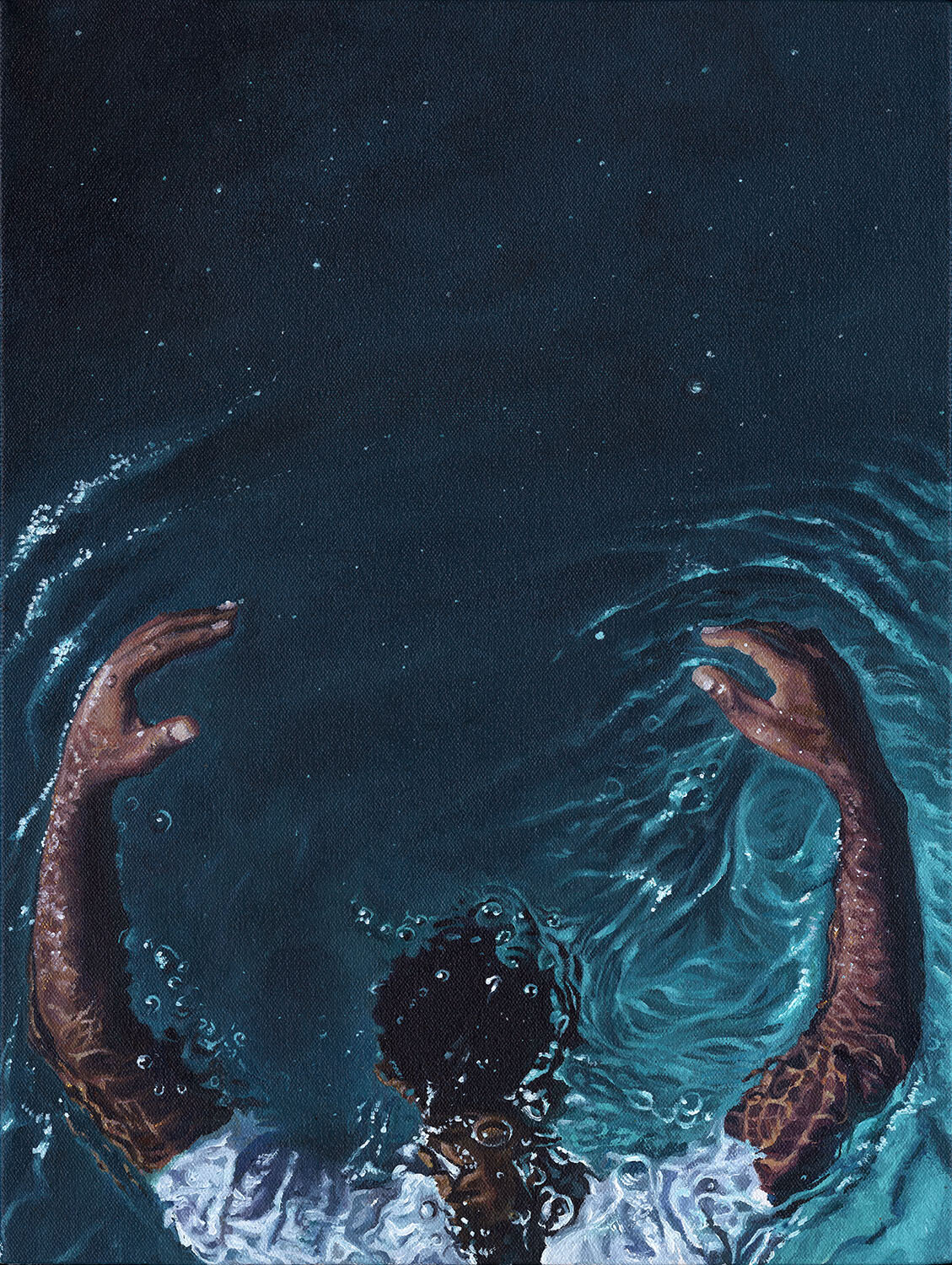 An illustrated image of a black man floating face down in water from the cover of the book The Water Dancer