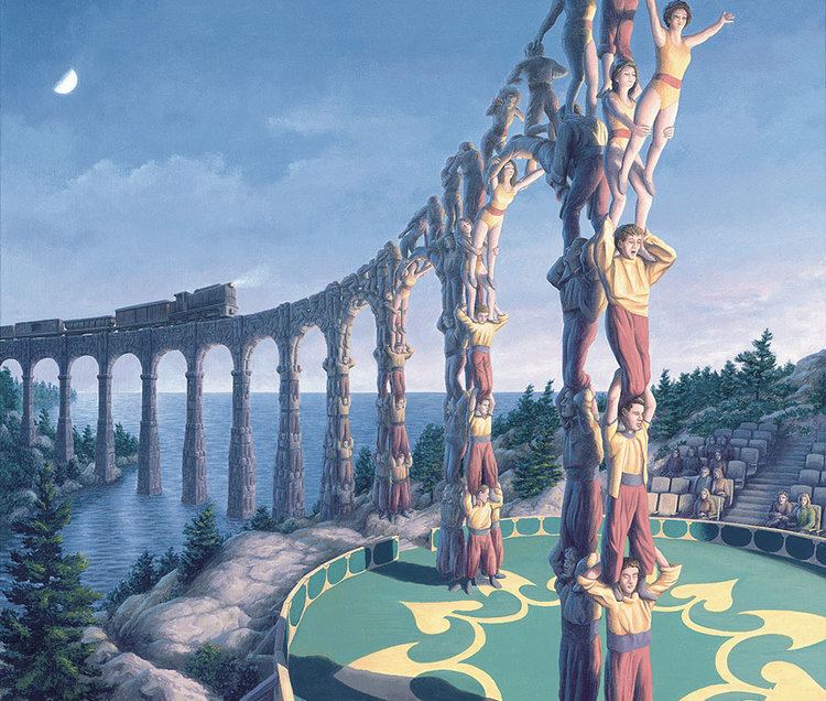 A magical realism illustration showing a train on tracks that eventually become pillars of humans.