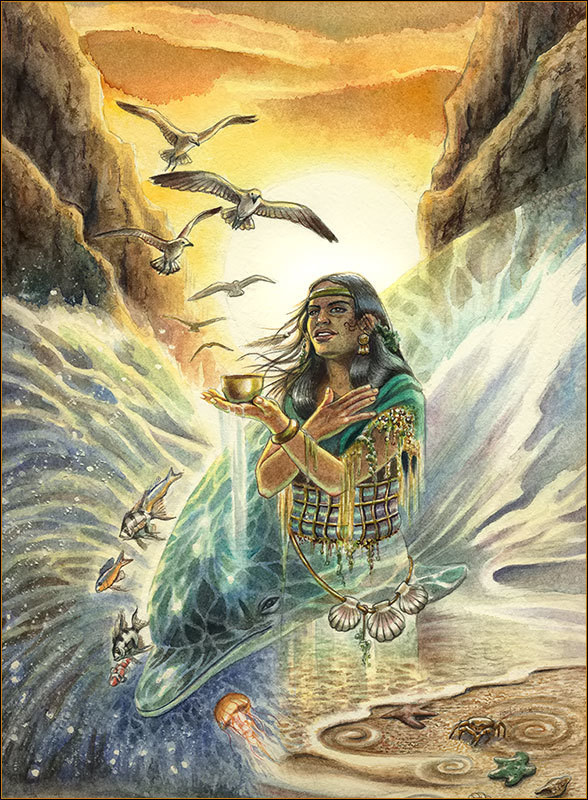 An illustrated image from Inca mythology. The image shows the goddess Mama Cocha standing in water with birds overhead and mountains in the distance.