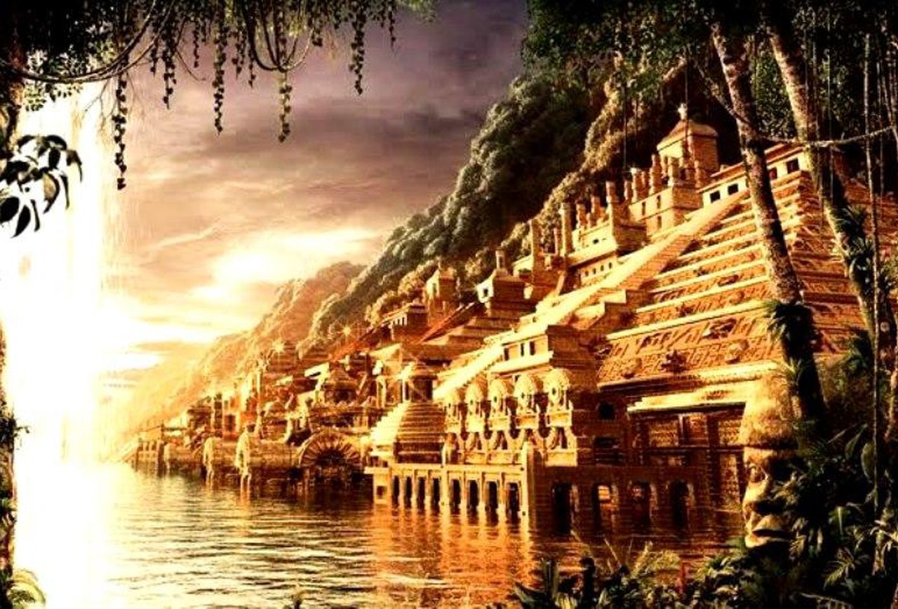 A visual artist's rendering of the lost city of Paititi. It is a city made out of gold sitting at the edge of a river.