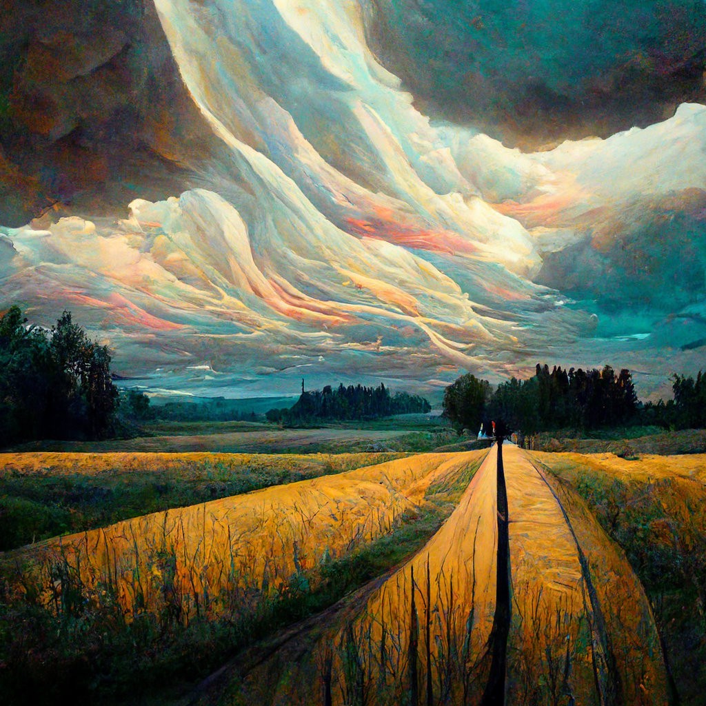 An illustrated image of a landscape with colourful clouds in the sky