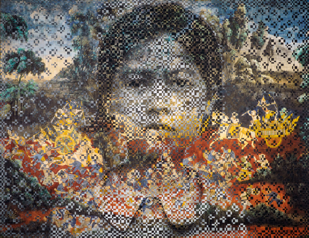 An image of a work by Dinh Q.Lê. It shows two photographs weaved together to create one image. The central image is of a young girl staring straight into the camera.