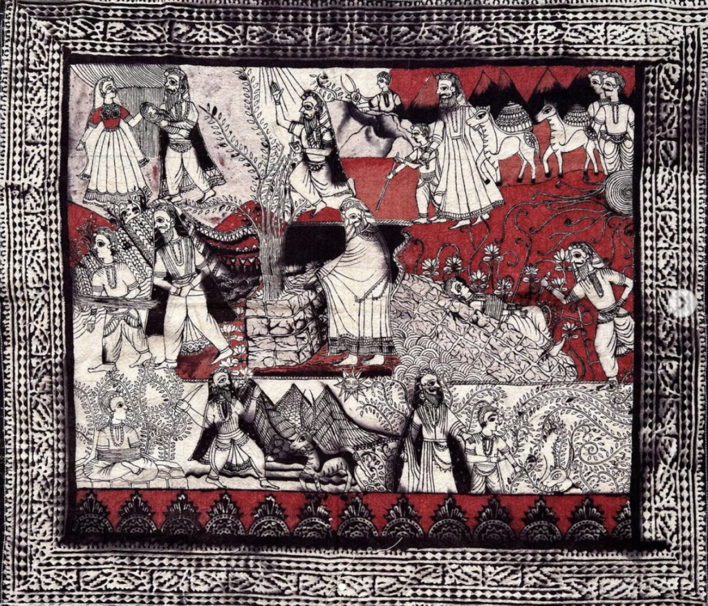 A photo of an artwork by Sarah Naqvi. The artwork is made from natural dyes on cotton in three colours; red, black, and white. The image is of the Islam holiday of Eid-al-Adha.