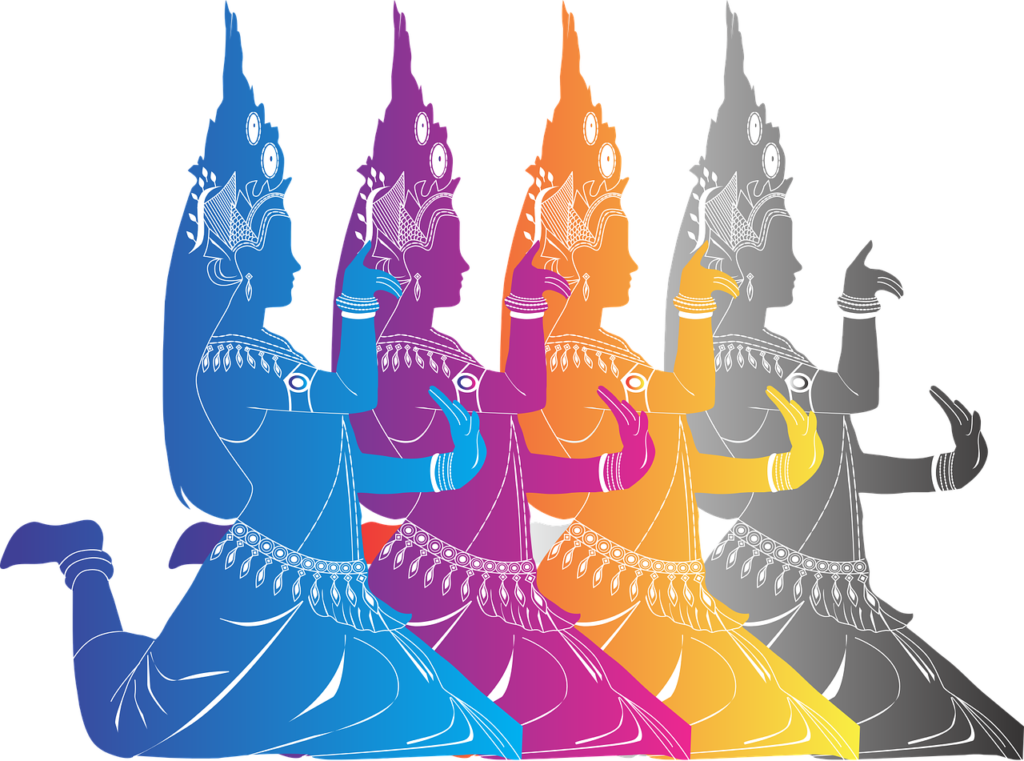 A graphic image of Lakhon Khol dancers. The image is of four women dancers, each a different colour.