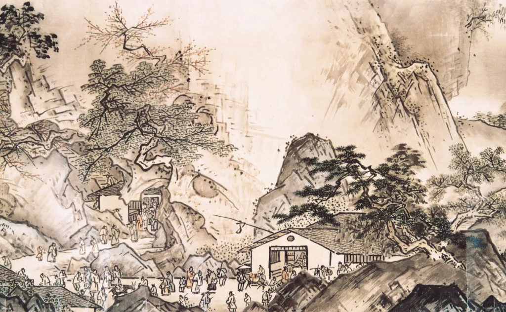 An ink painting by Sesshū Tōyō. It shows a house in the middle of a mountain forest.
