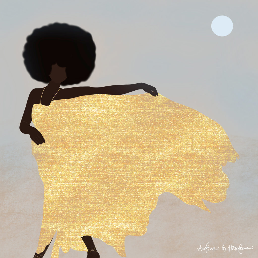 An image of Love the Journey by Andrea G Hardeman. It shows the silhouette of a Black woman wearing a flowing golden dress.